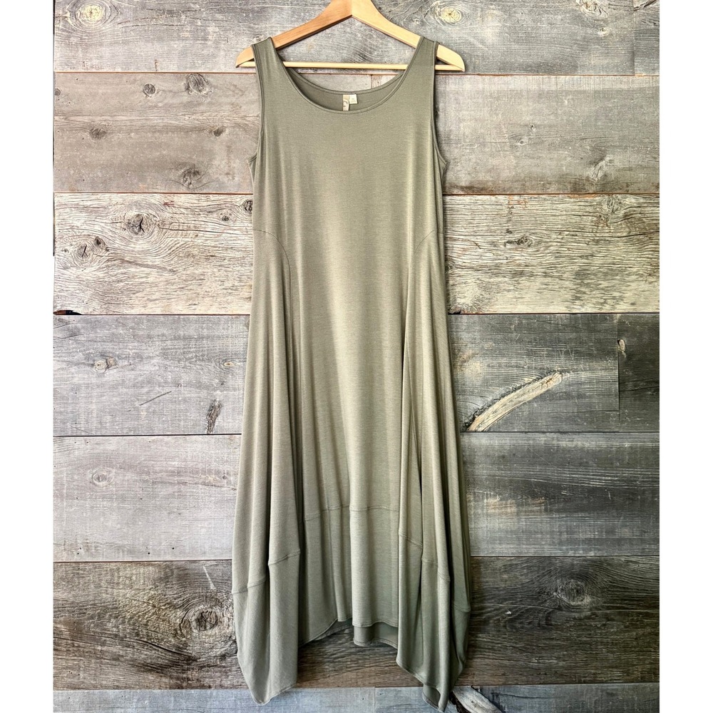 Comfy USA Lisa Tulip Tank Dress M Olive Green Midi‎ Lagenlook Modal Balloon Hem